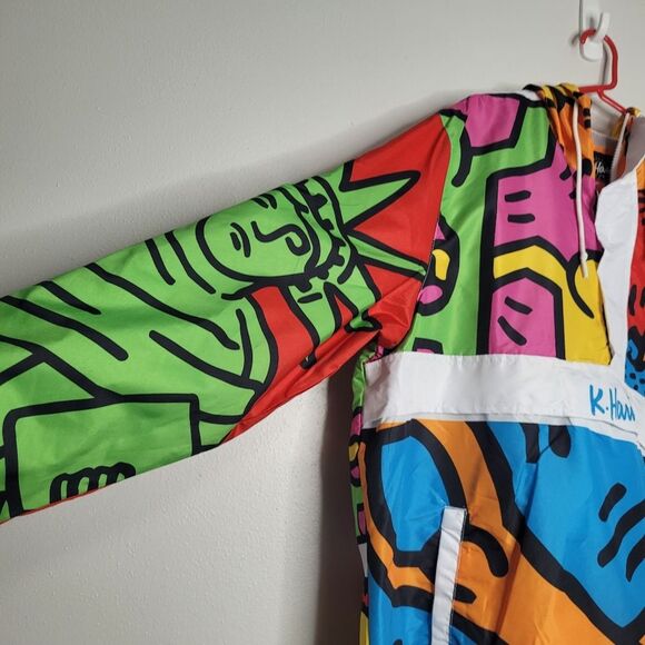 Members Only x Keith Haring colorful graffiti zip front hooded windbreaker XL - Picture 3 of 11
